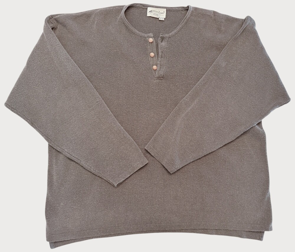 Eddie Bauer Men XL Henley Shirt Linen Cotton Rib Knit Olive Green Long Sleeve
